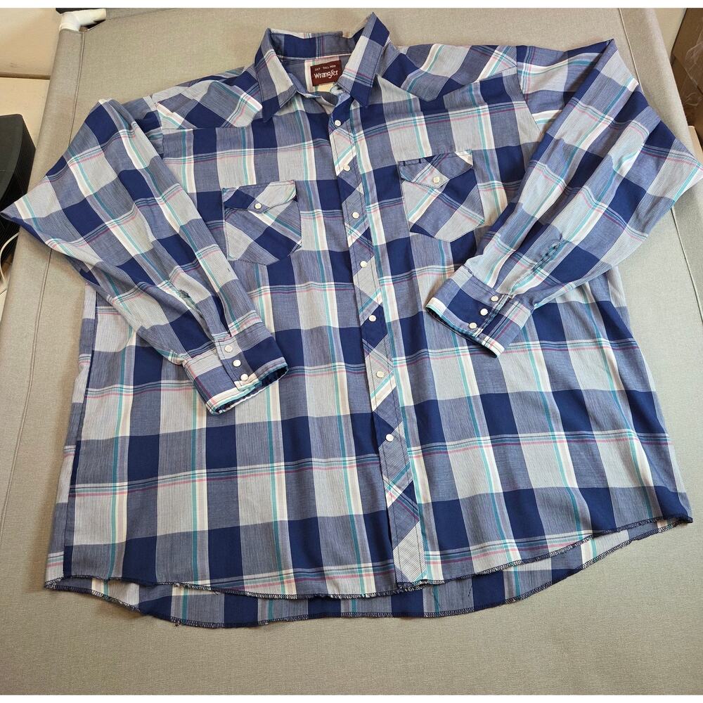 Wrangler 3XT Tall Man Pearl Snap Western Shirt Blue Plaid Flawed Sleeves